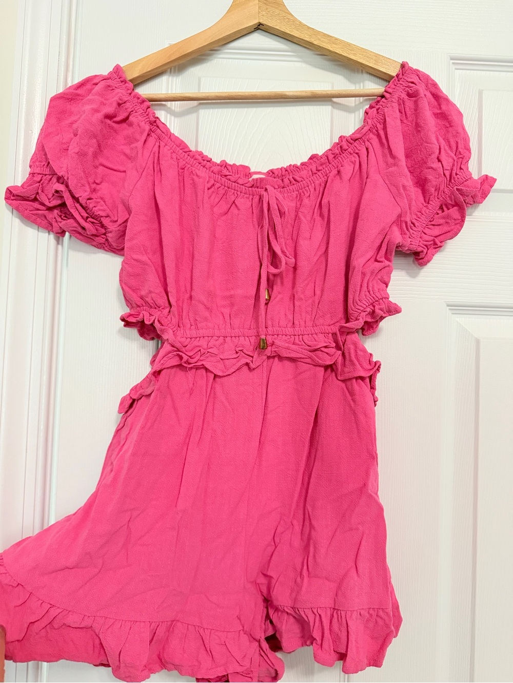 Bright Pink Off-Shoulder Ruffle Romper - Picture 2 of 5